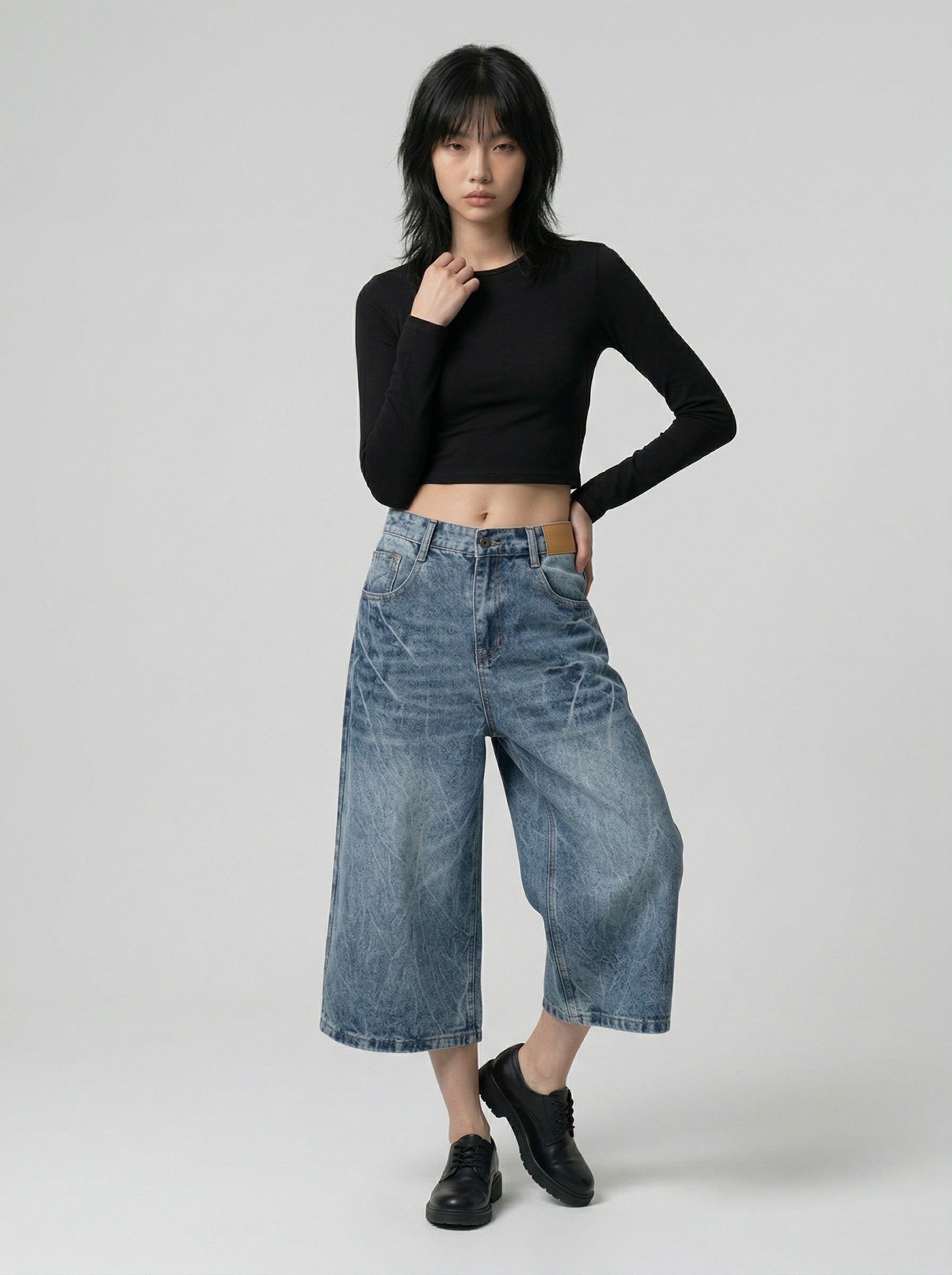 Distressed Wide-Leg Denim Jort