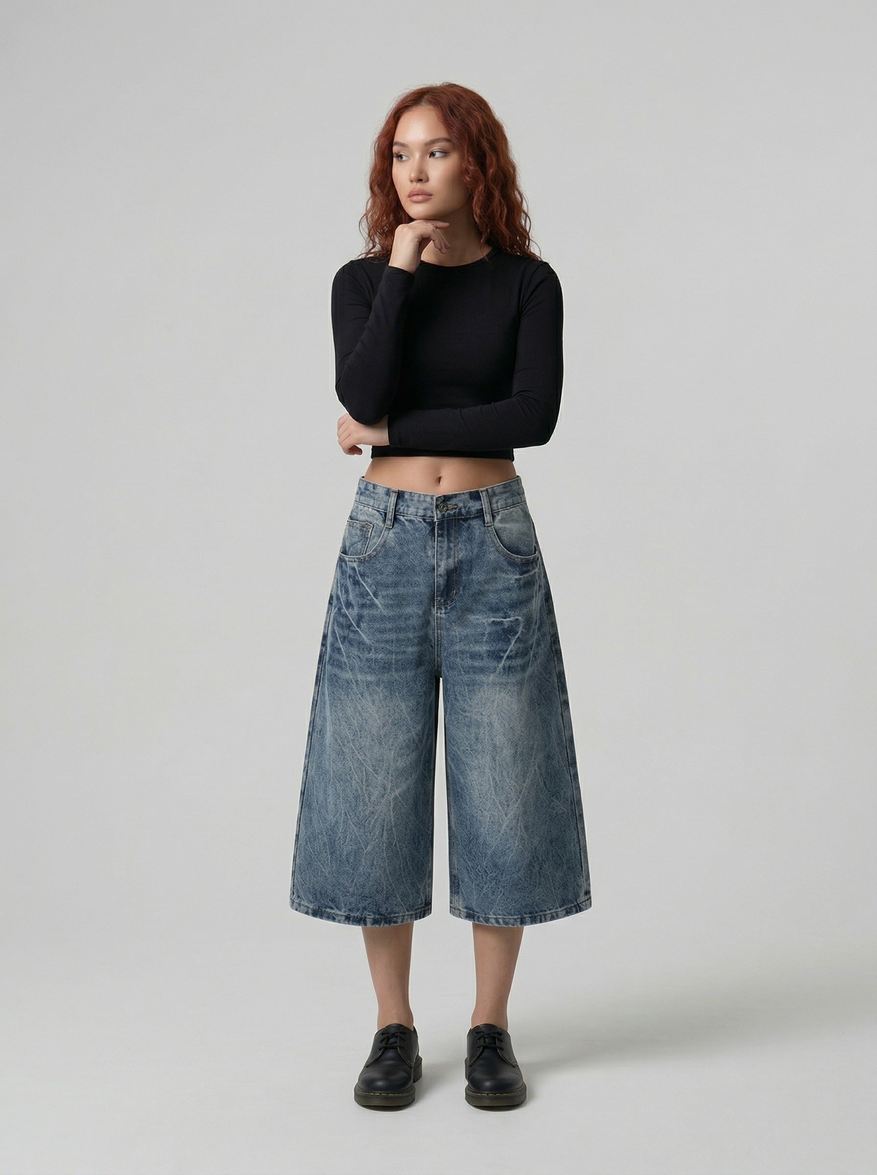 Distressed Wide-Leg Denim Jort