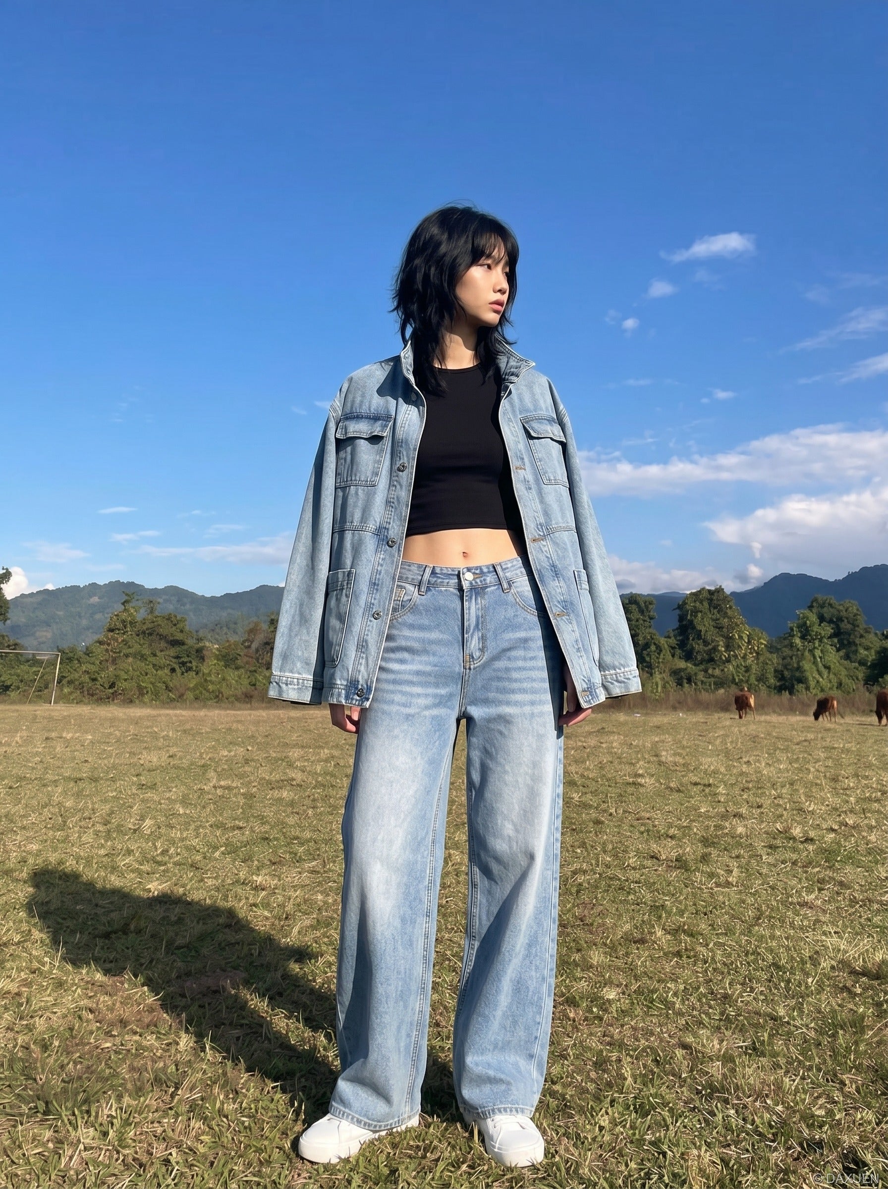 Faded Light Blue Wide-Leg Denim Jeans