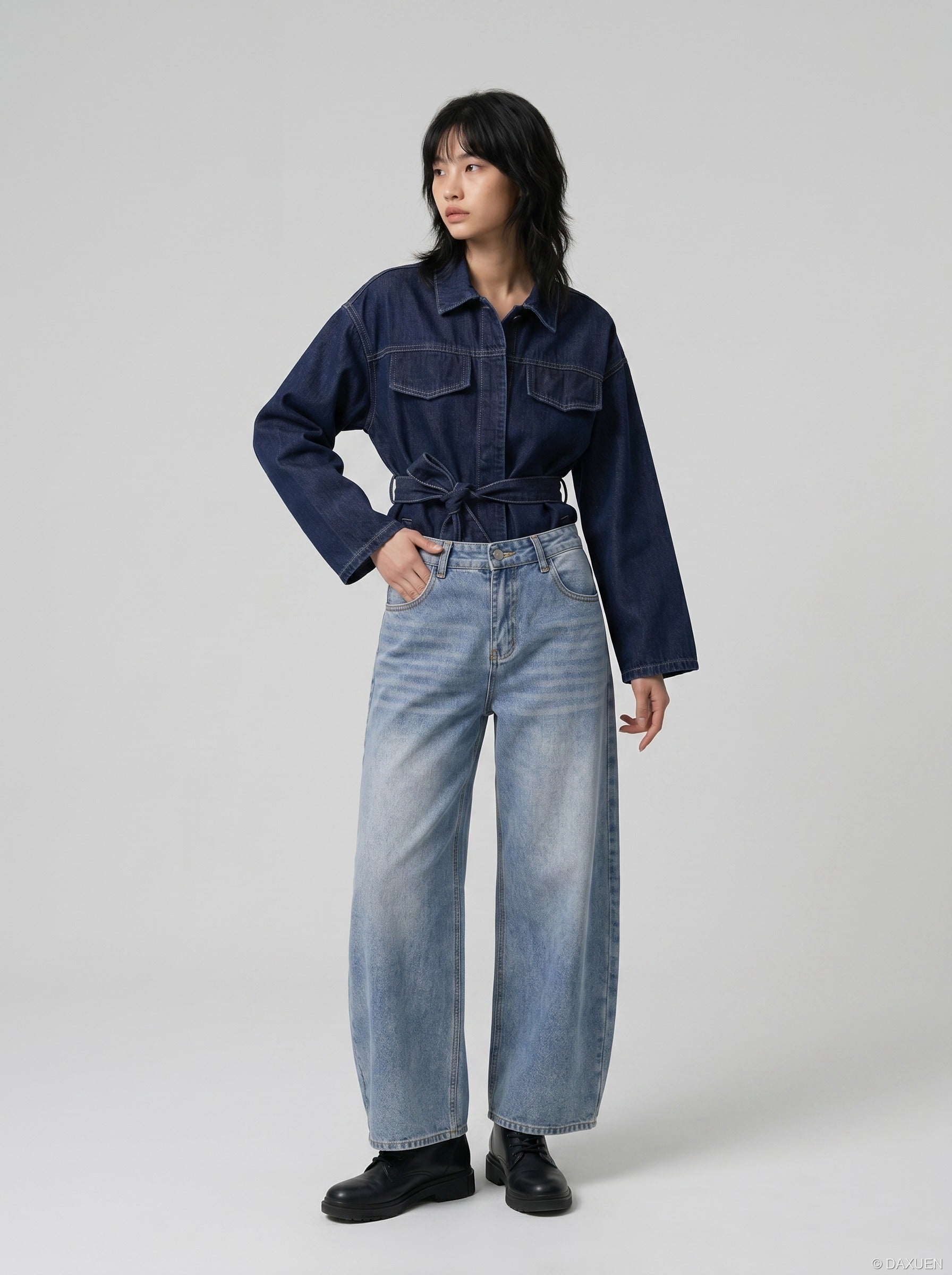 Faded Light Blue Wide-Leg Denim Jeans
