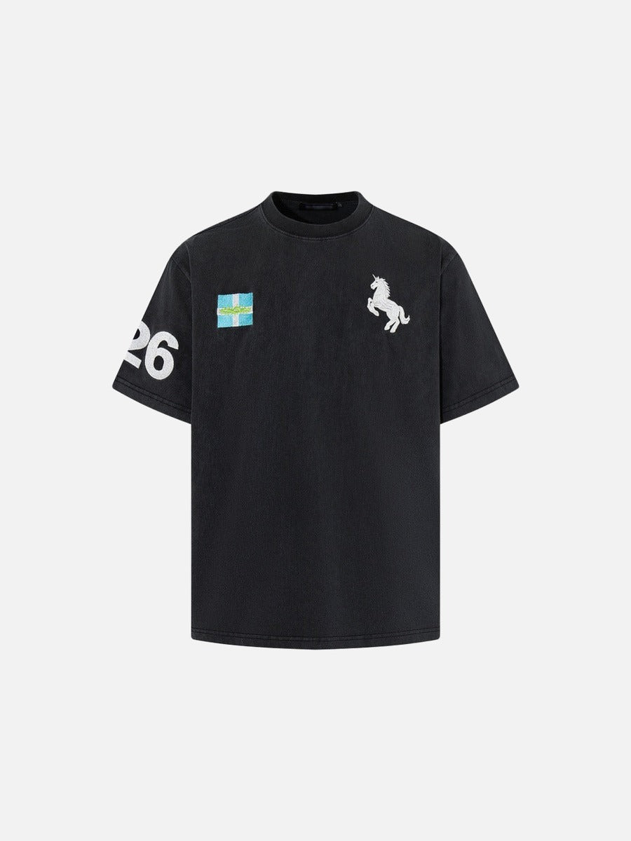 Camiseta de cuello redondo desteñida con diseño de unicornio
