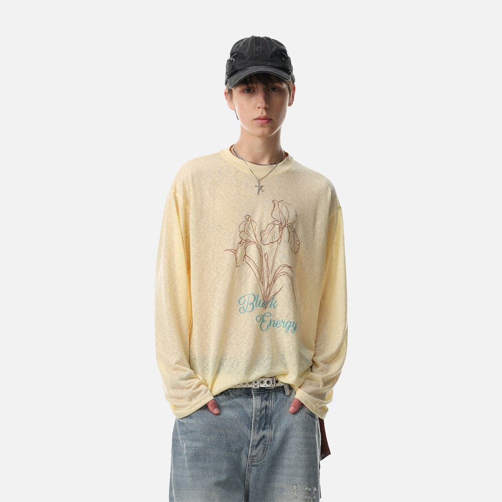 Camiseta de manga larga con dibujo lineal floral