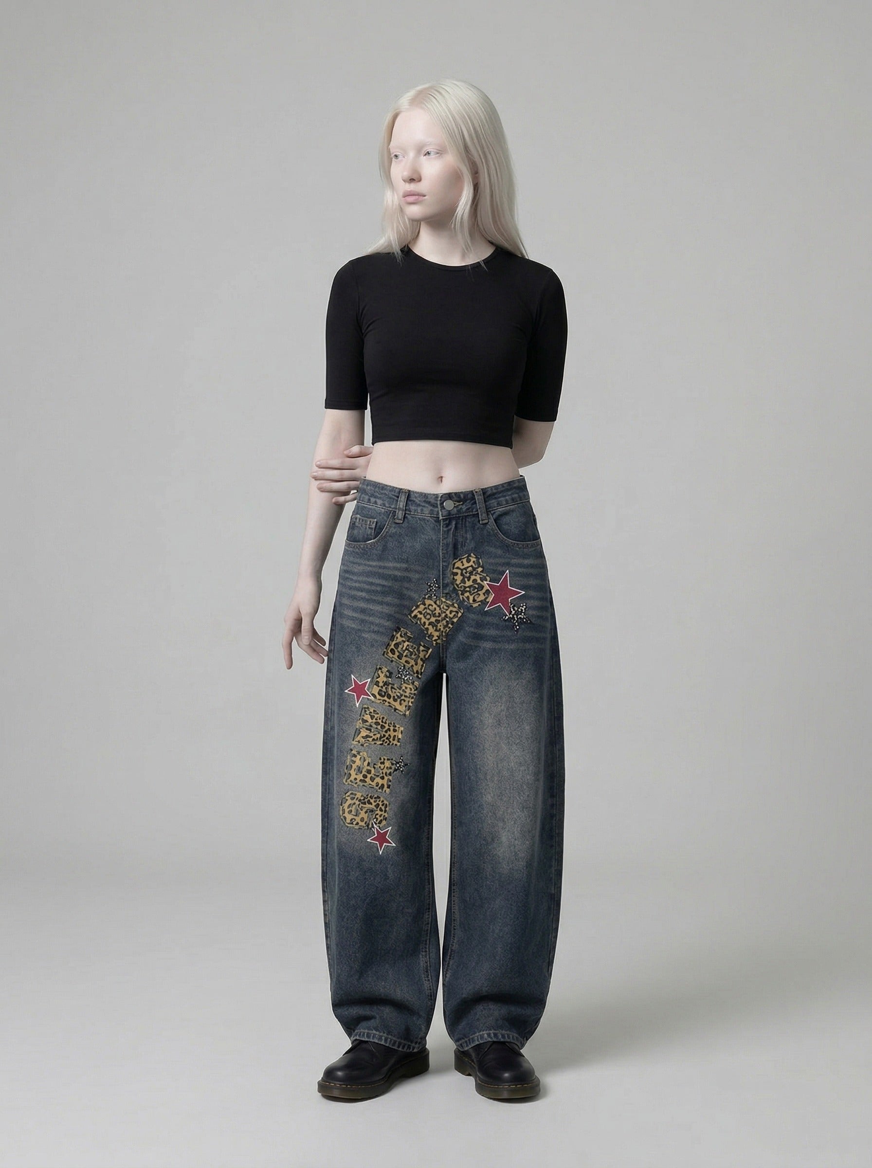 Leopard Print Wide-Leg Denim Jeans