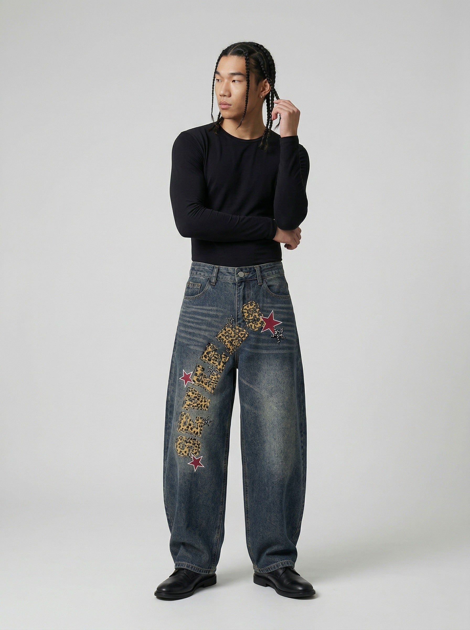 Leopard Print Wide-Leg Denim Jeans