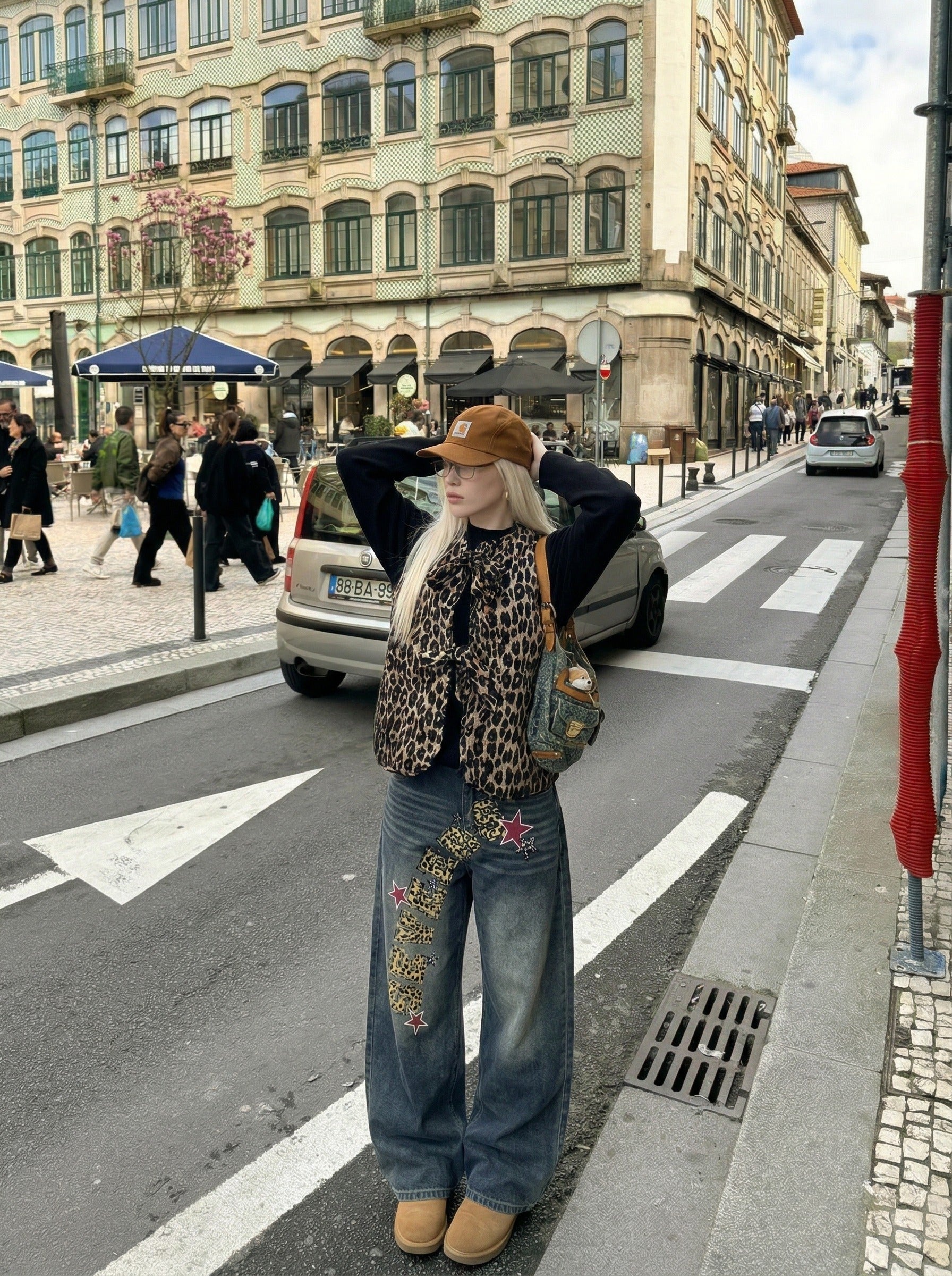Leopard Print Wide-Leg Denim Jeans