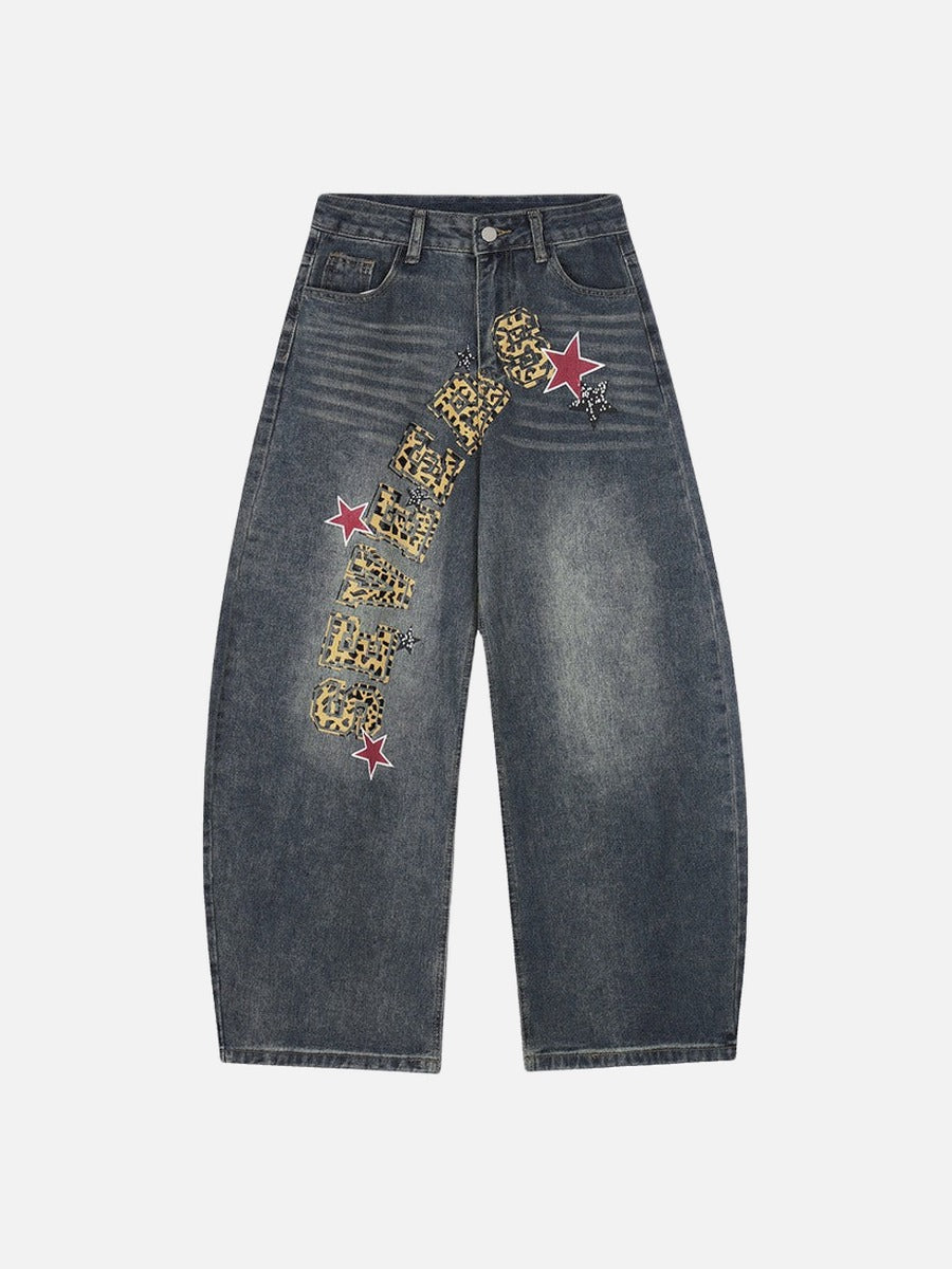 Jeans Anchos de Mezclilla con Estampado de Leopardo