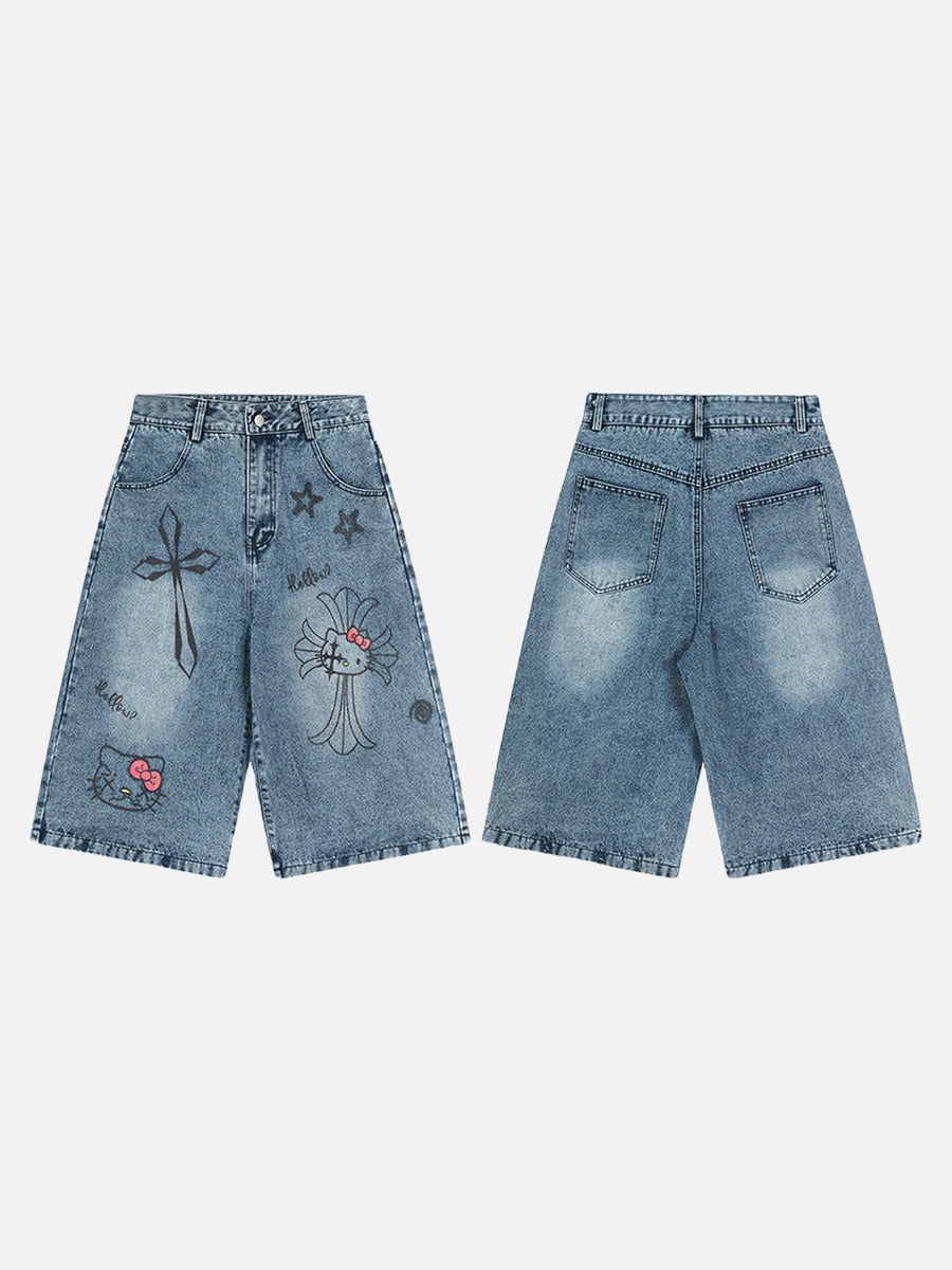 Light Blue Graphic Wide-Leg Shorts