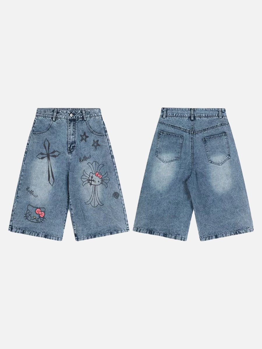 Light Blue Graphic Wide-Leg Shorts