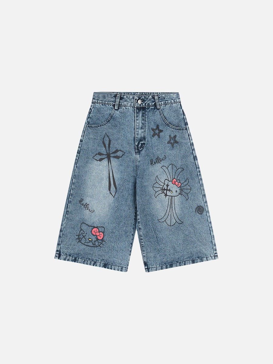Light Blue Graphic Wide-Leg Shorts