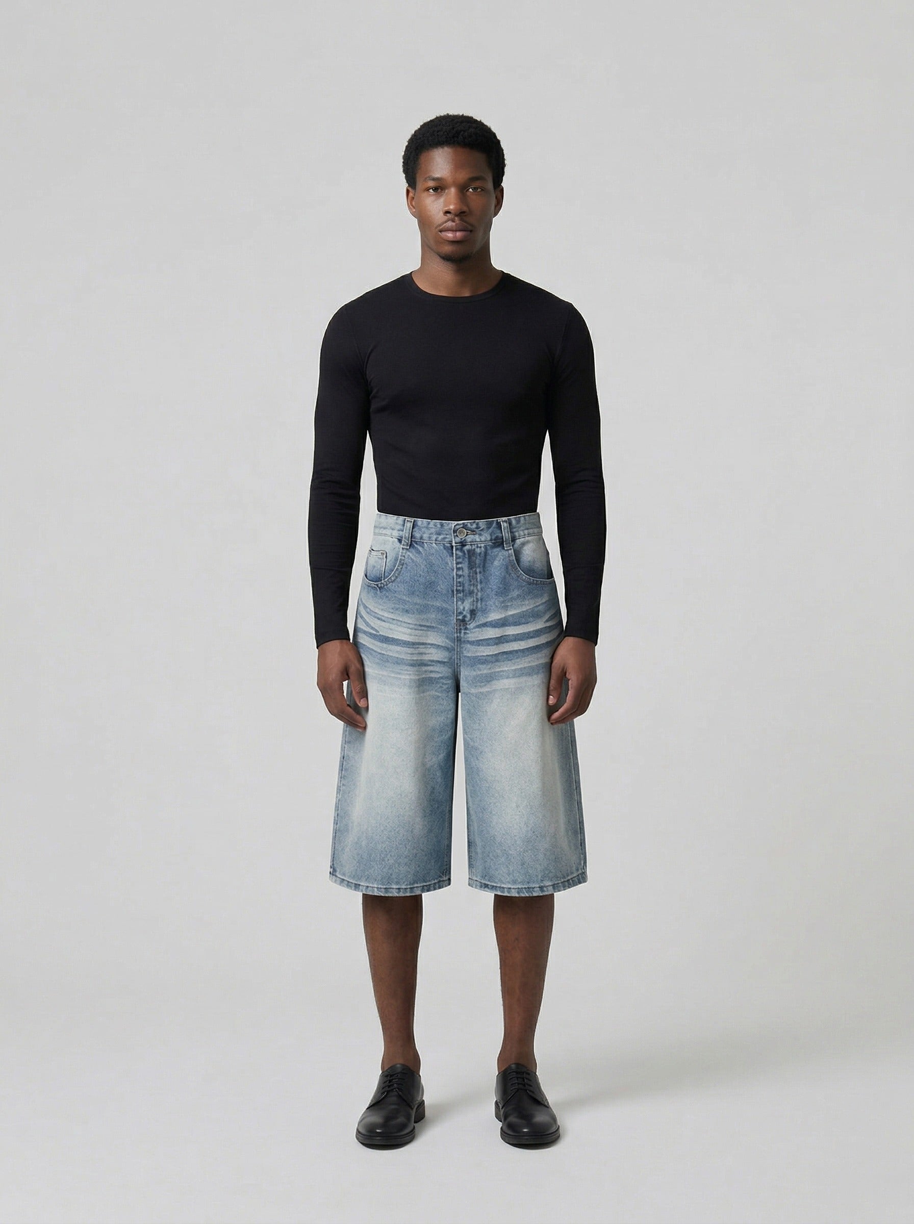 Light Blue Wide-Leg Denim Culotte Shorts