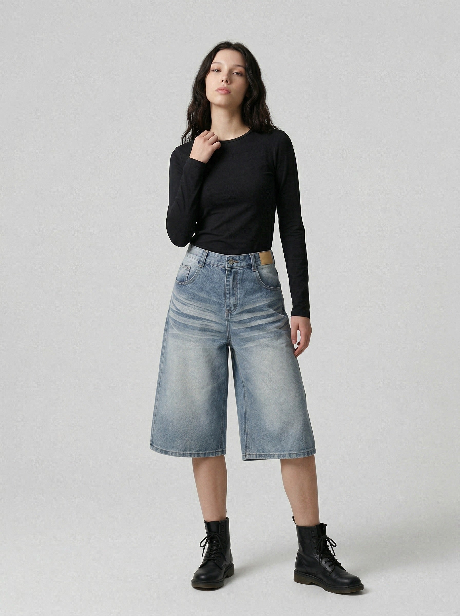 Light Blue Wide-Leg Denim Culotte Shorts