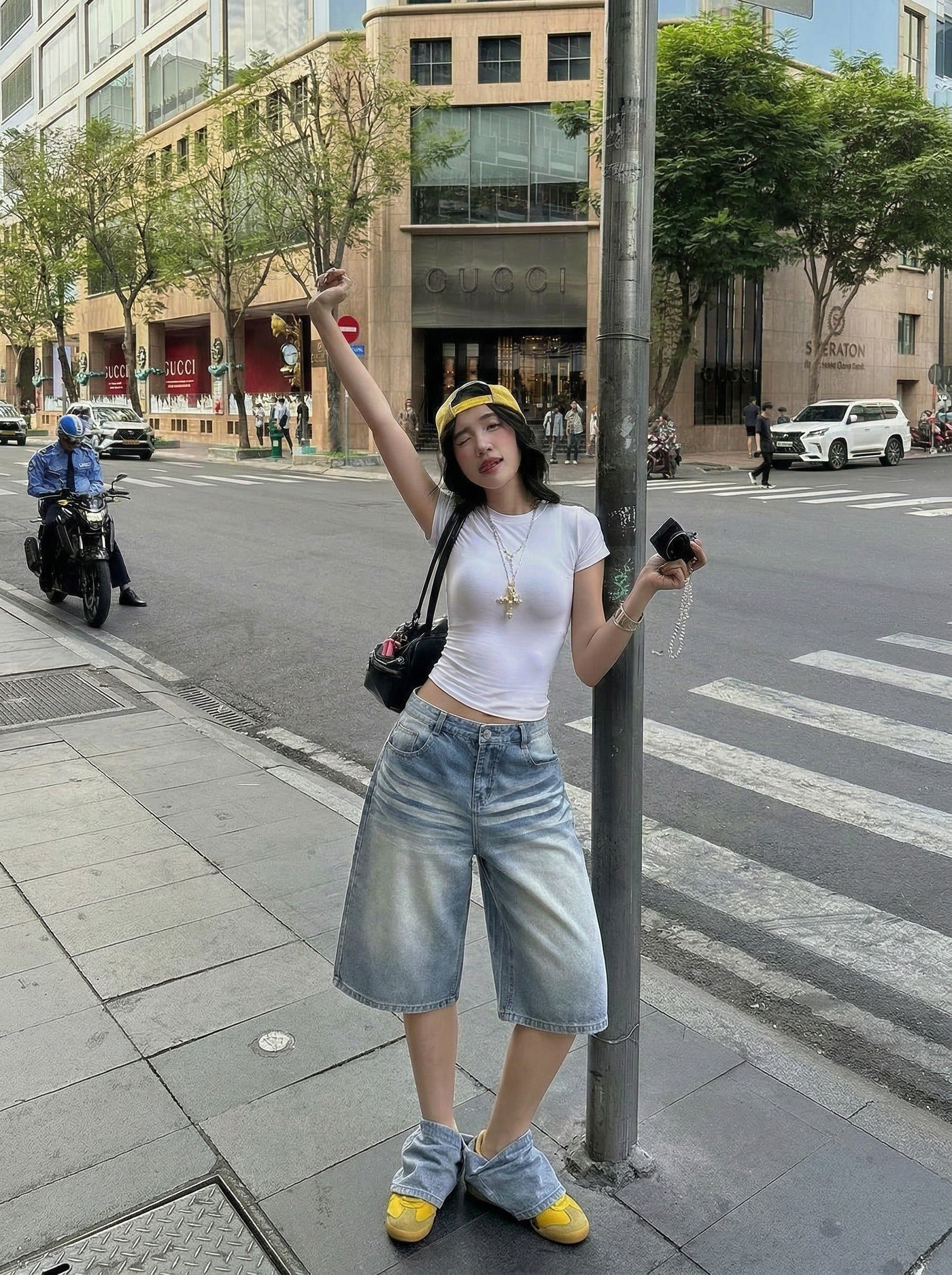 Light Blue Wide-Leg Denim Culotte Shorts
