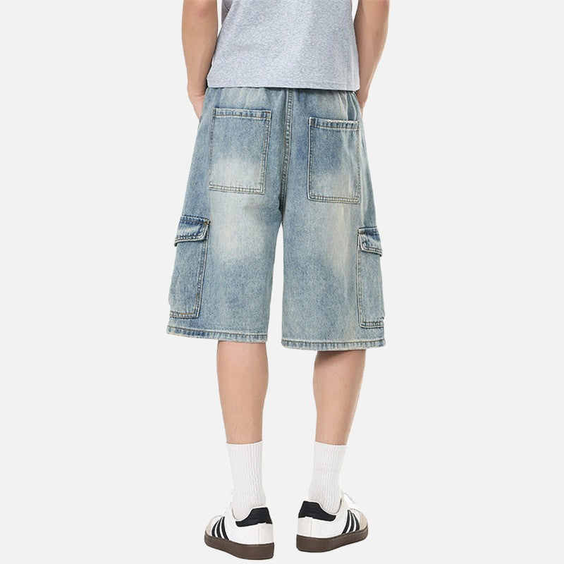 Pantalones cortos cargo de mezclilla desgastados de corte holgado