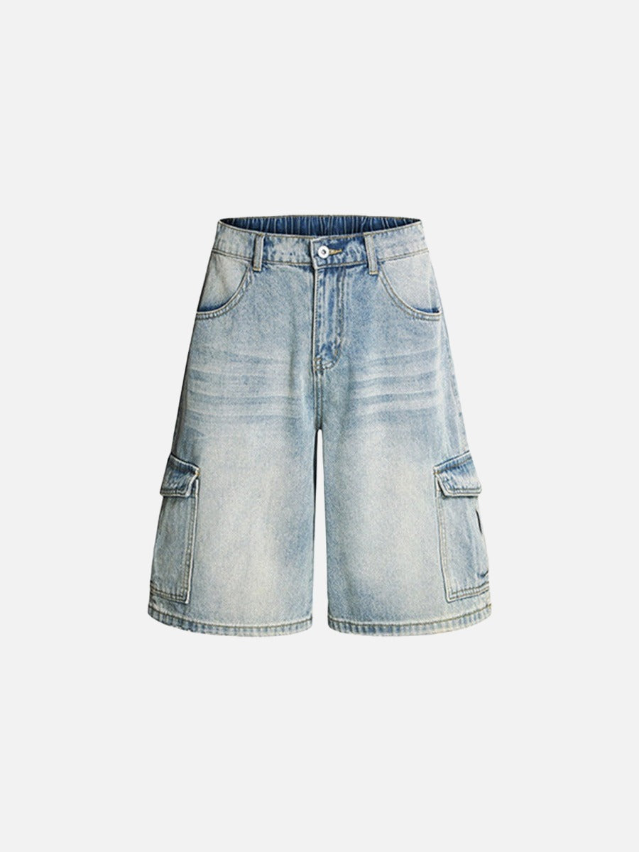 Pantalones cortos cargo de mezclilla desgastados de corte holgado