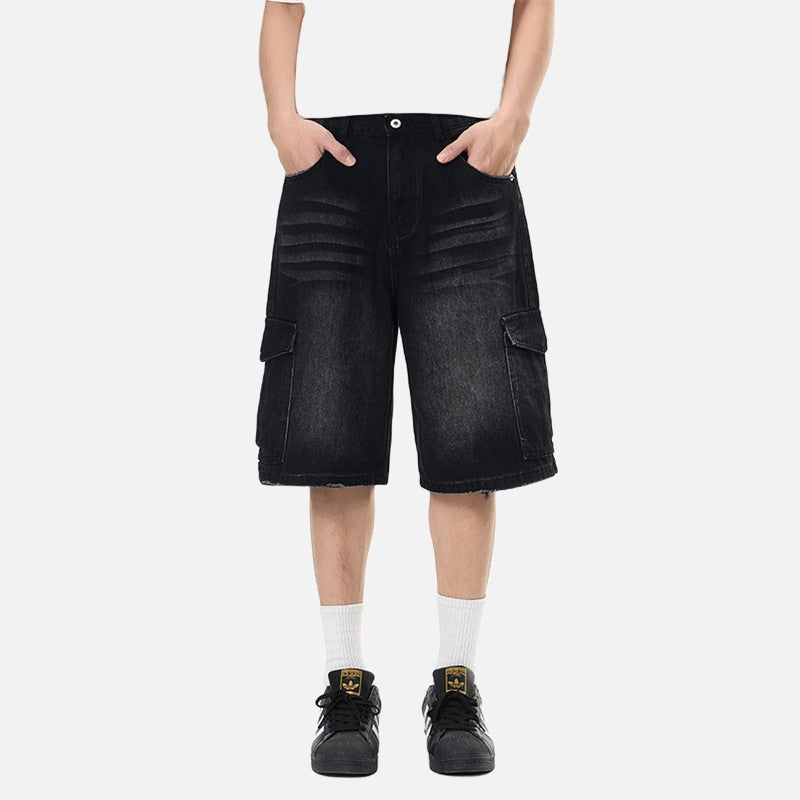 Pantalones cortos cargo de mezclilla desgastados de corte holgado