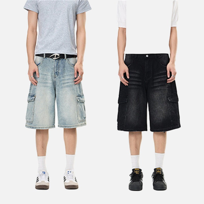 Pantalones cortos cargo de mezclilla desgastados de corte holgado