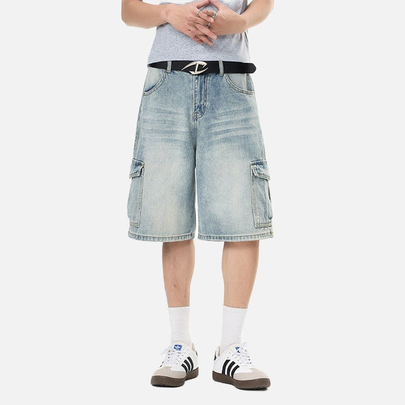Pantalones cortos cargo de mezclilla desgastados de corte holgado