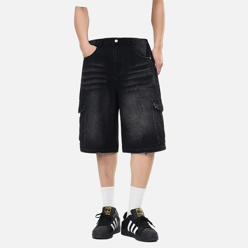 Pantalones cortos cargo de mezclilla desgastados de corte holgado