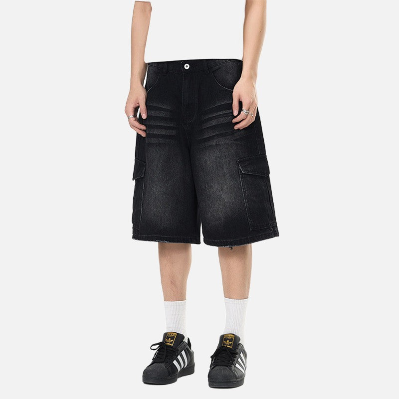 Pantalones cortos cargo de mezclilla desgastados de corte holgado