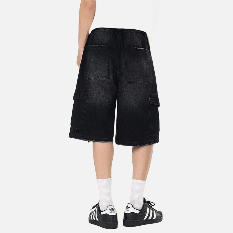 Pantalones cortos cargo de mezclilla desgastados de corte holgado