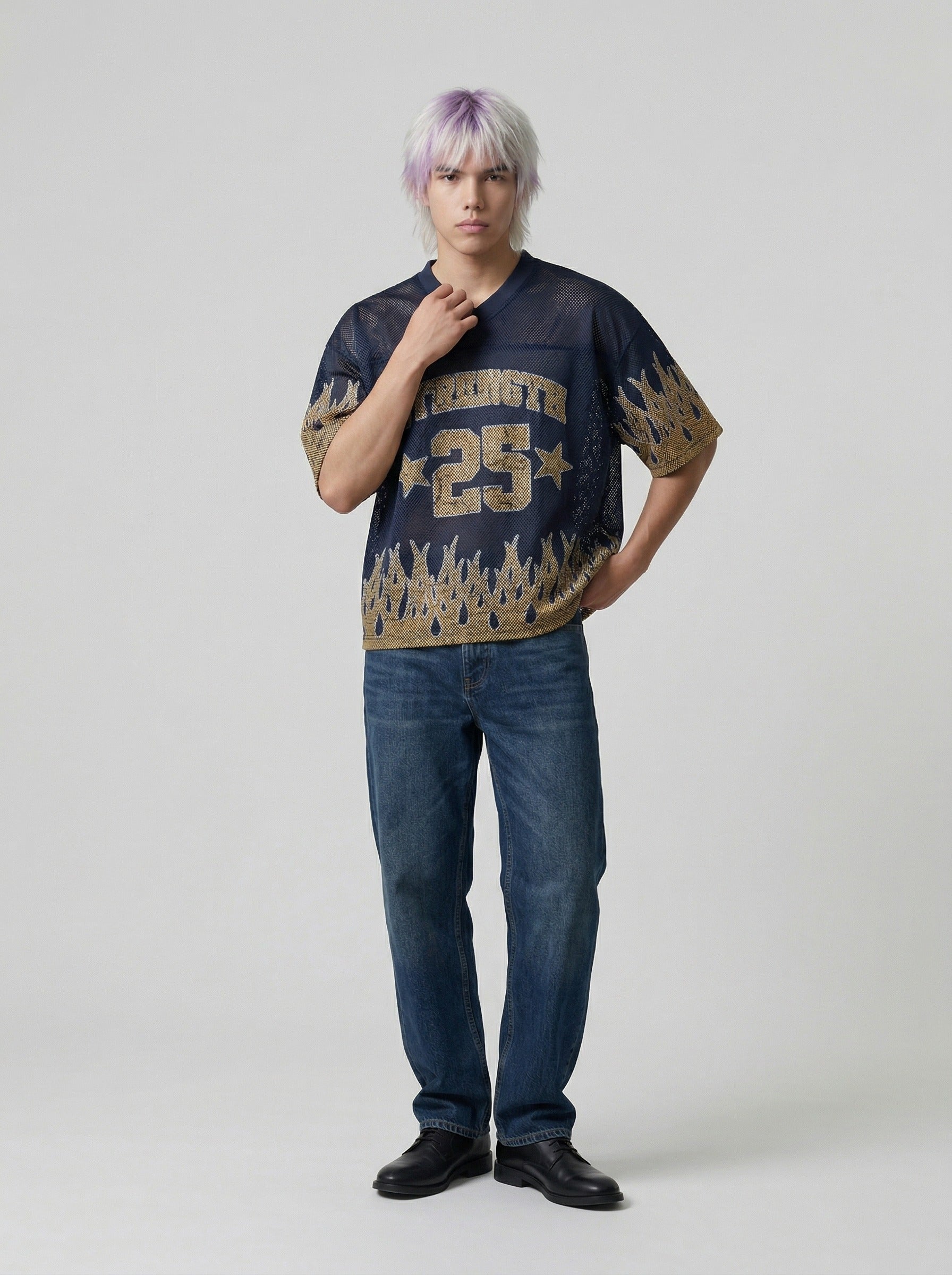 Camiseta de malla oversized con llamas