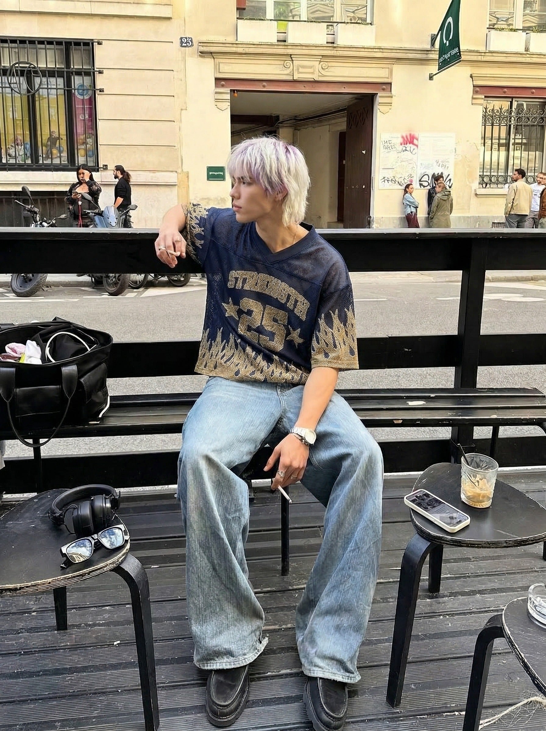 Camiseta de malla oversized con llamas