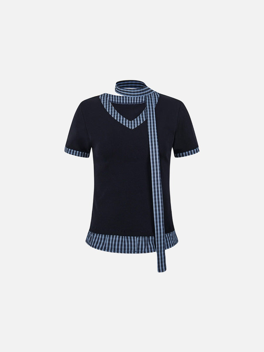 Plaid Tie V-Neck Knit Top