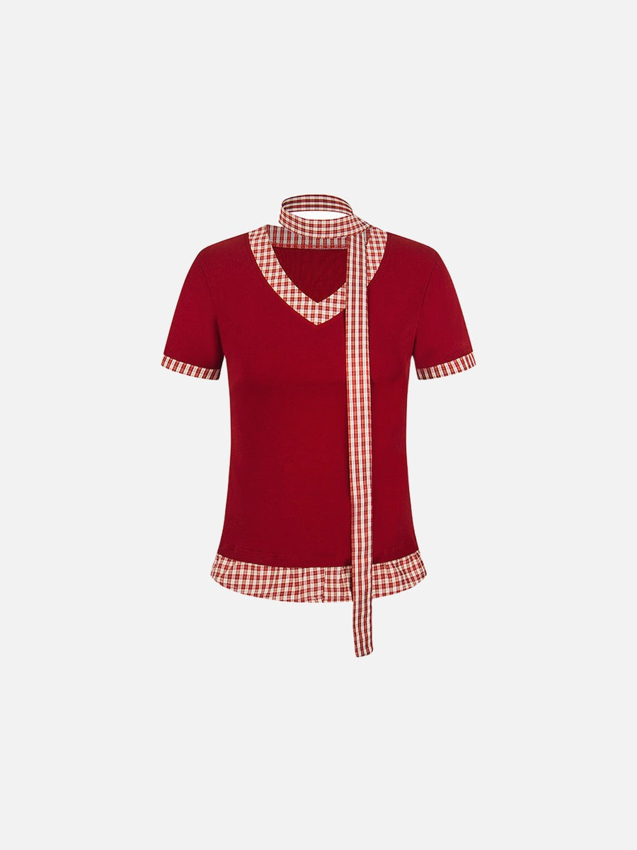 Plaid Tie V-Neck Knit Top