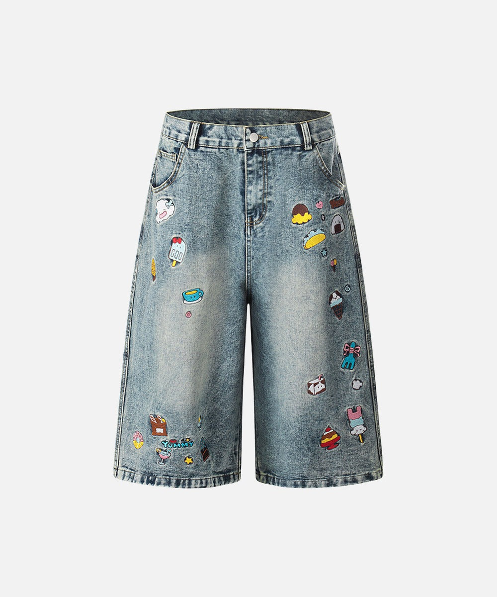 Retro Fun Embroidered Denim Culotte Shorts