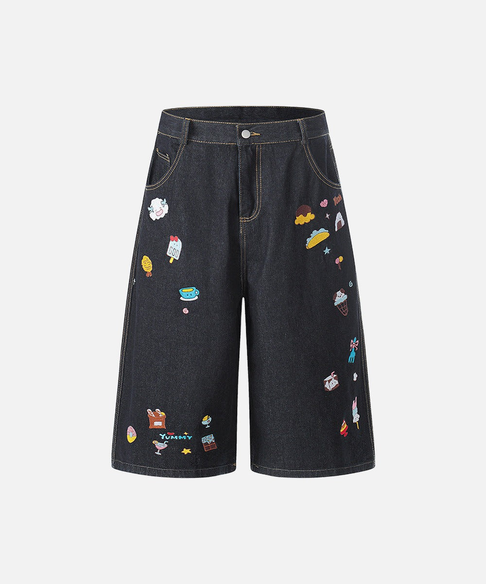Retro Fun Embroidered Denim Culotte Shorts