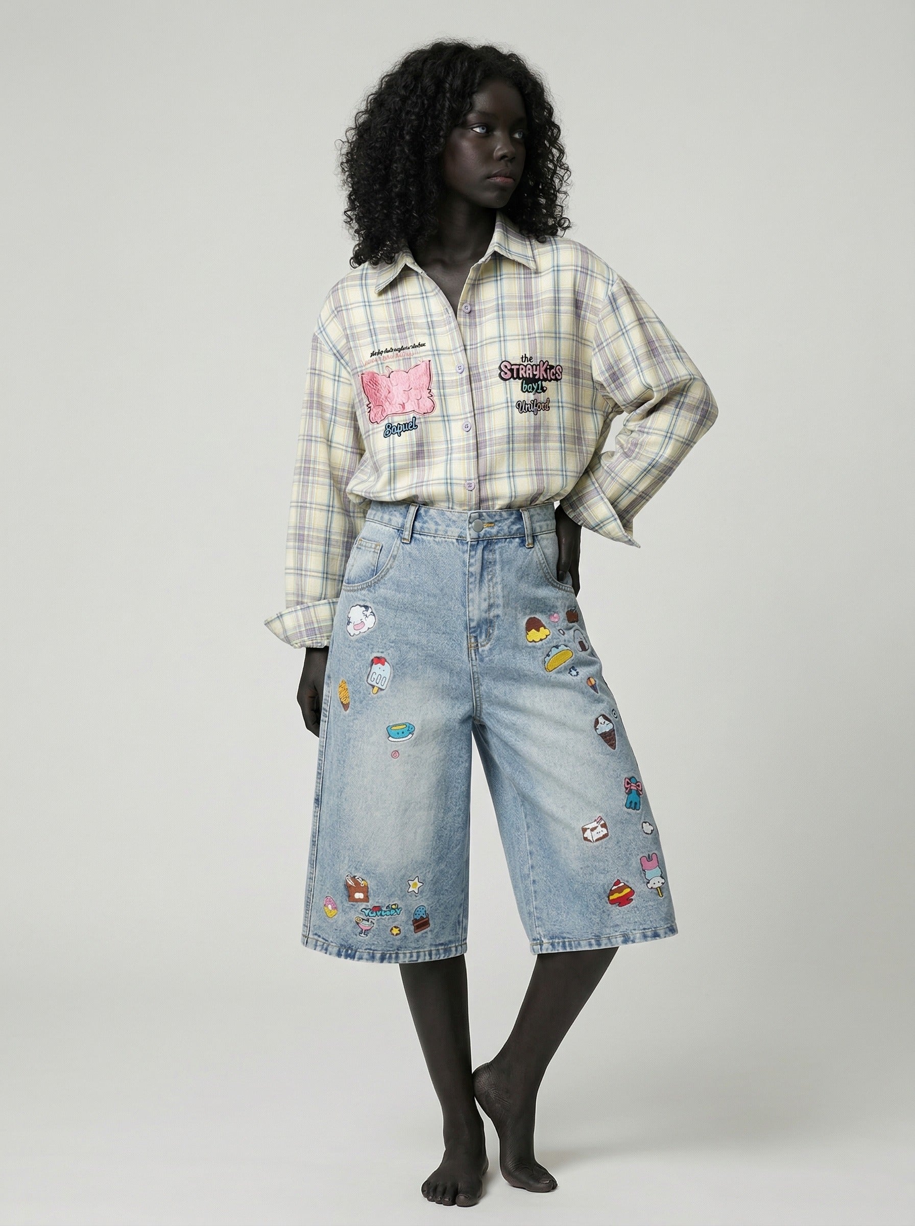 Retro Fun Embroidered Denim Culotte Shorts