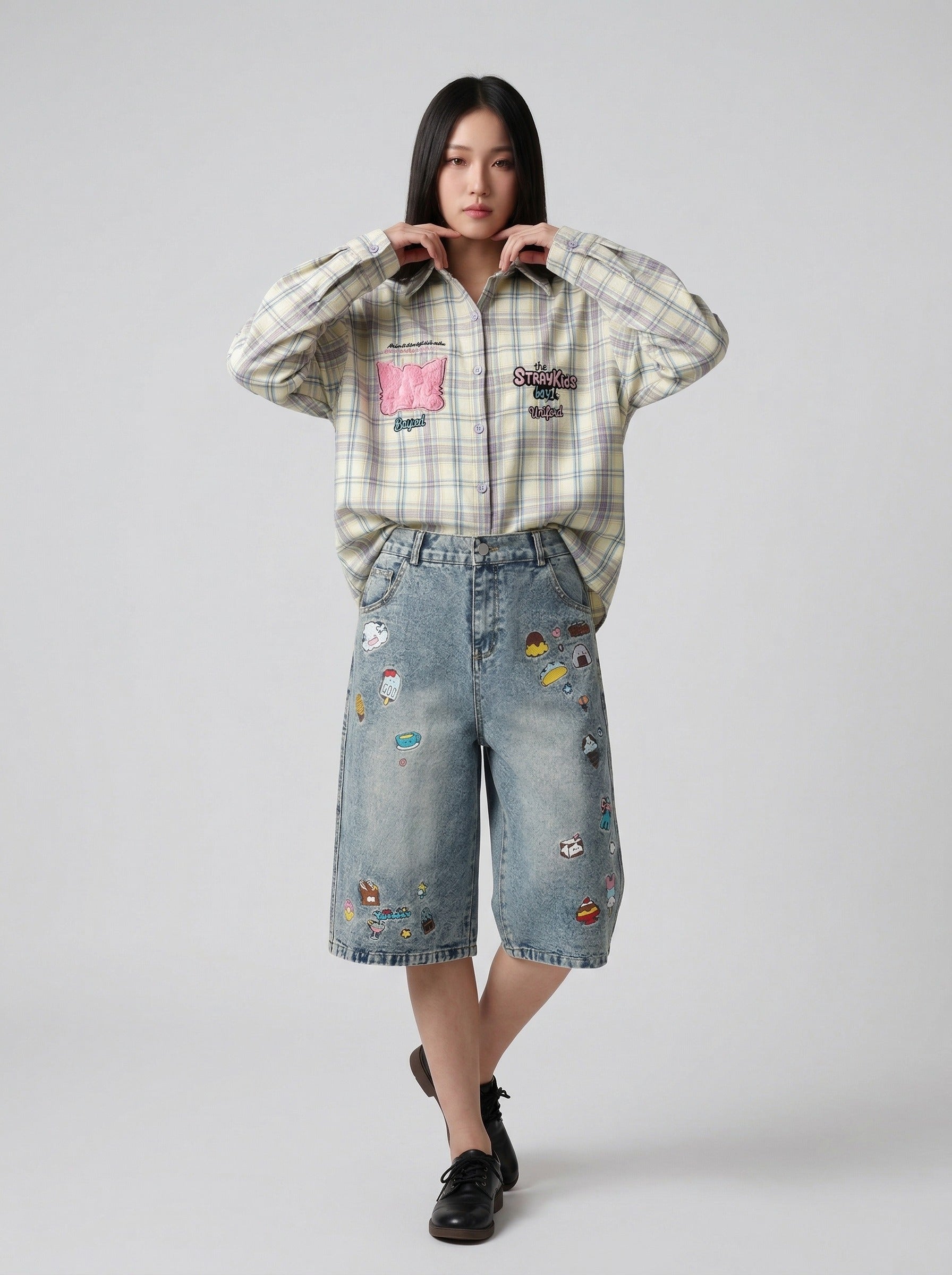 Retro Fun Embroidered Denim Culotte Shorts