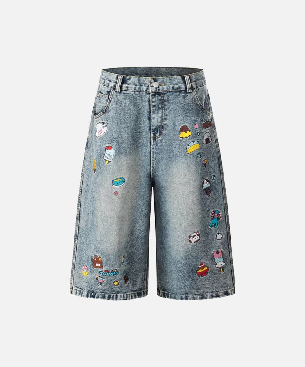 Retro Fun Embroidered Denim Culotte Shorts