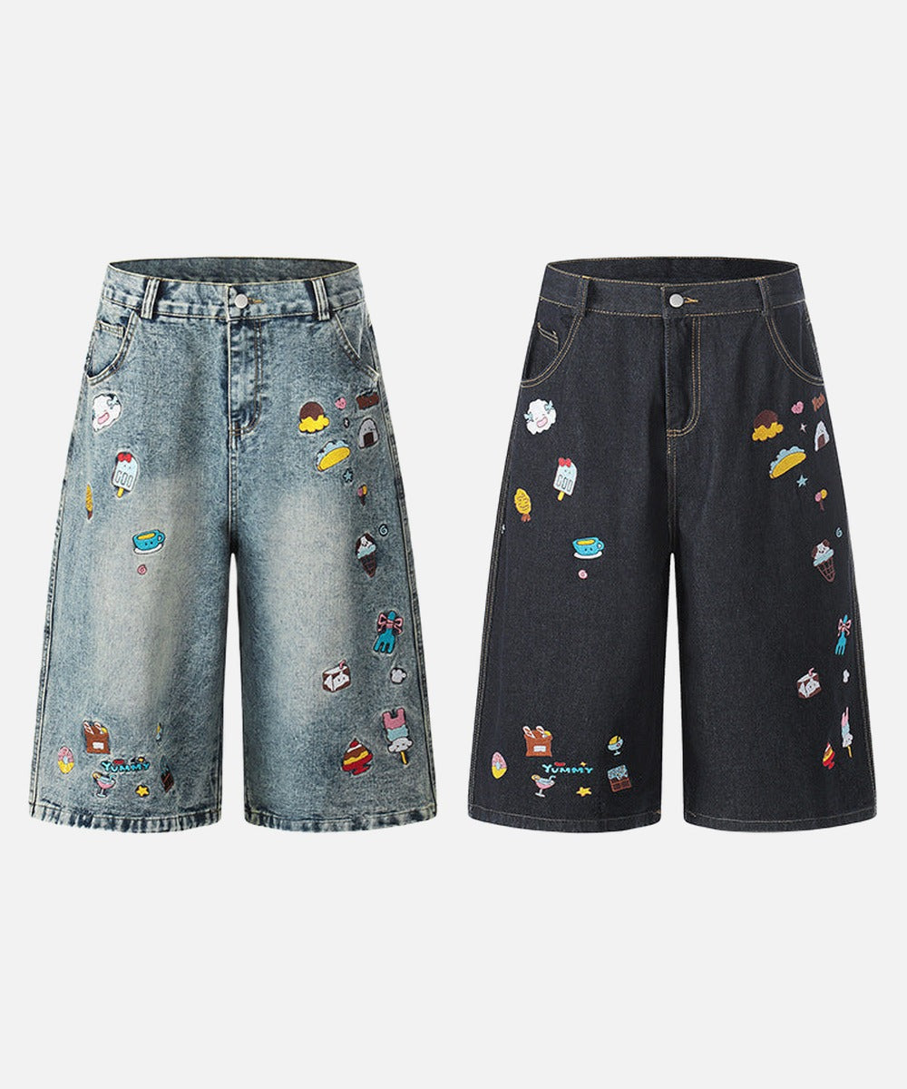 Retro Fun Embroidered Denim Culotte Shorts