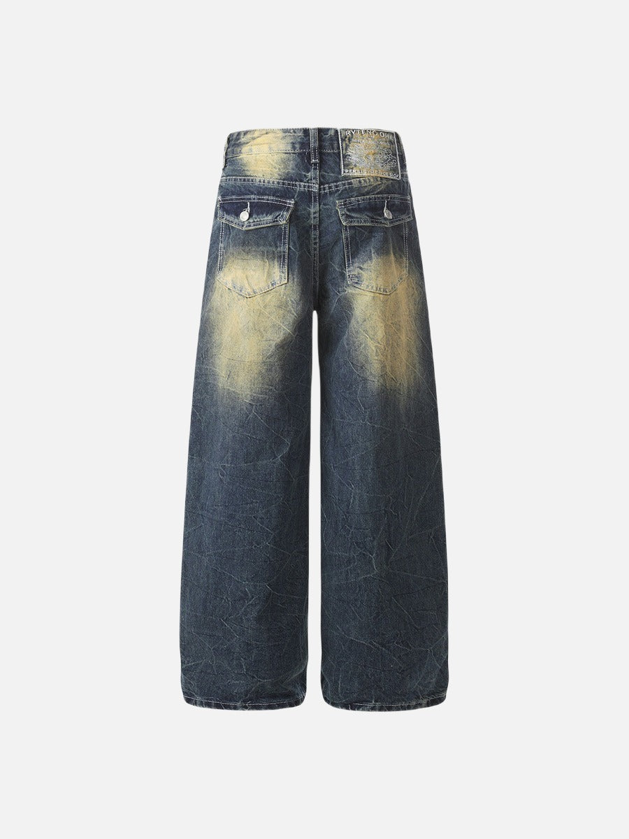Retro Wide-Leg Distressed Denim Jeans
