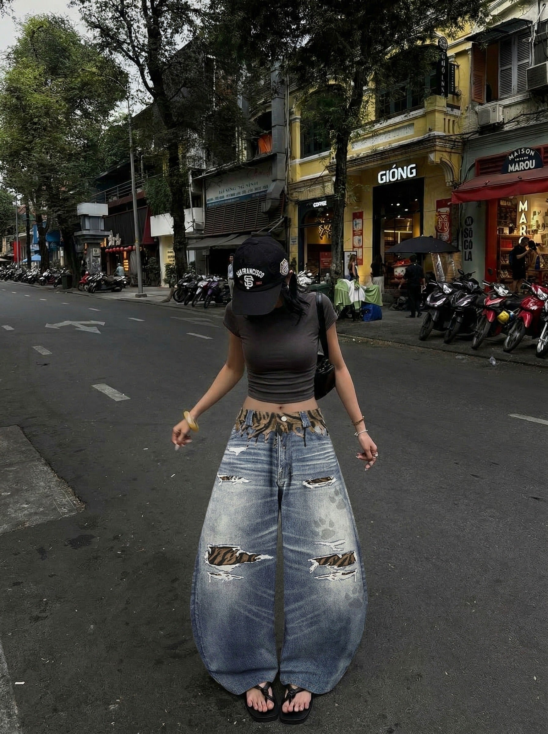 Tiger Stripe Distressed Wide-Leg Jeans