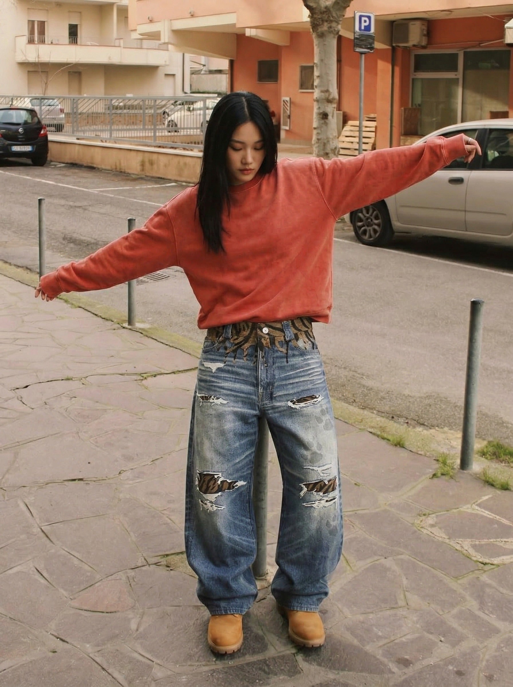 Tiger Stripe Distressed Wide-Leg Jeans