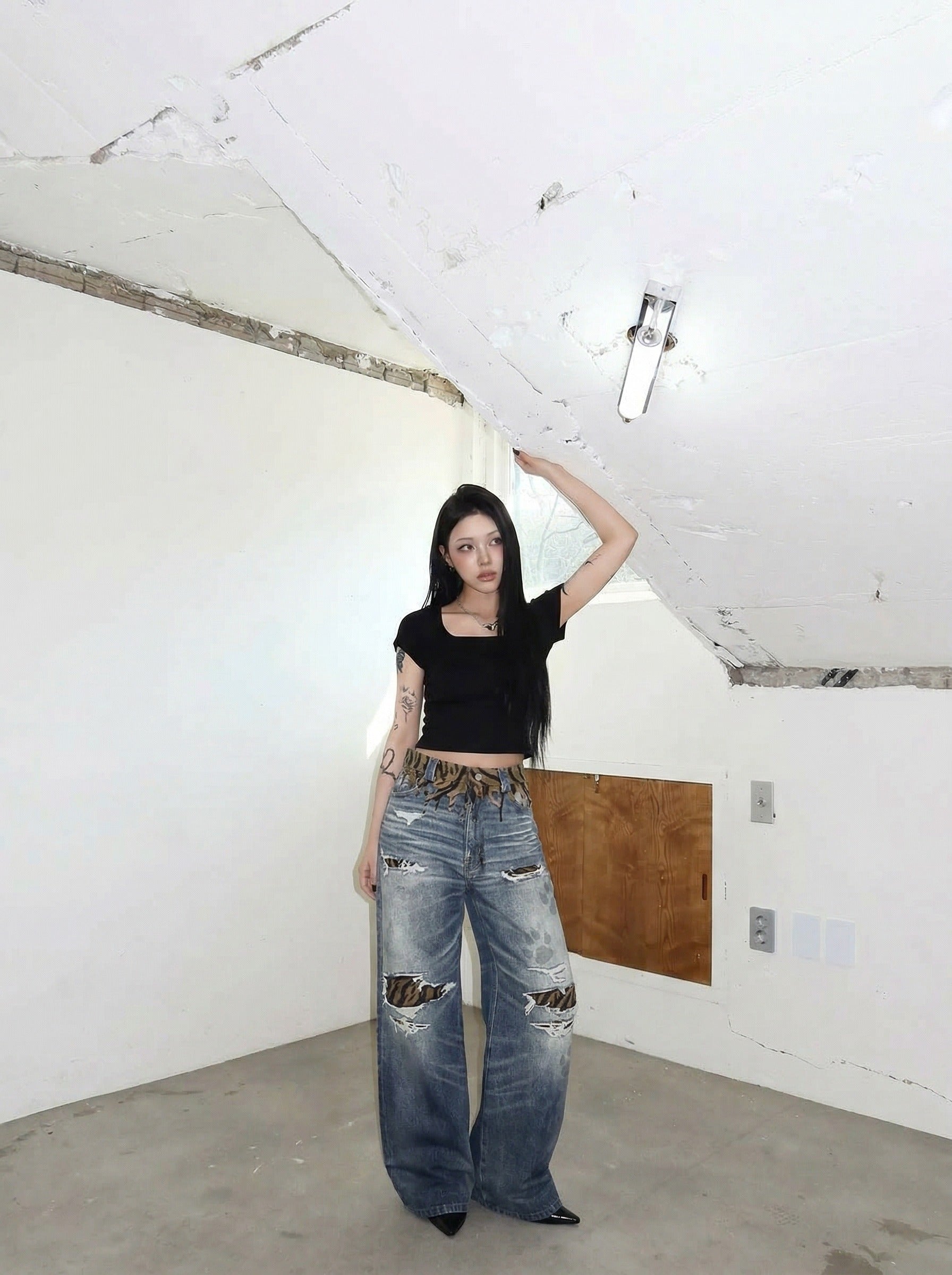 Tiger Stripe Distressed Wide-Leg Jeans