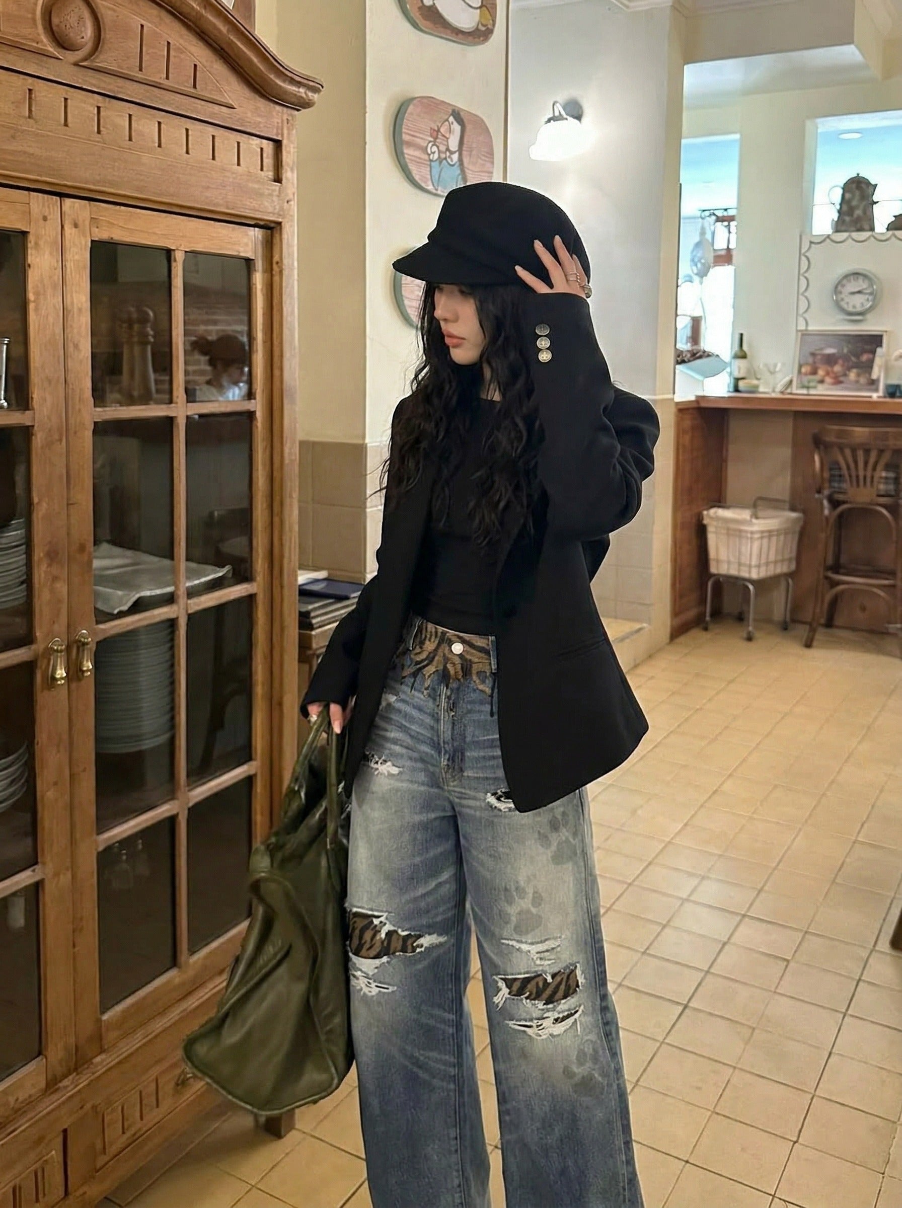 Tiger Stripe Distressed Wide-Leg Jeans