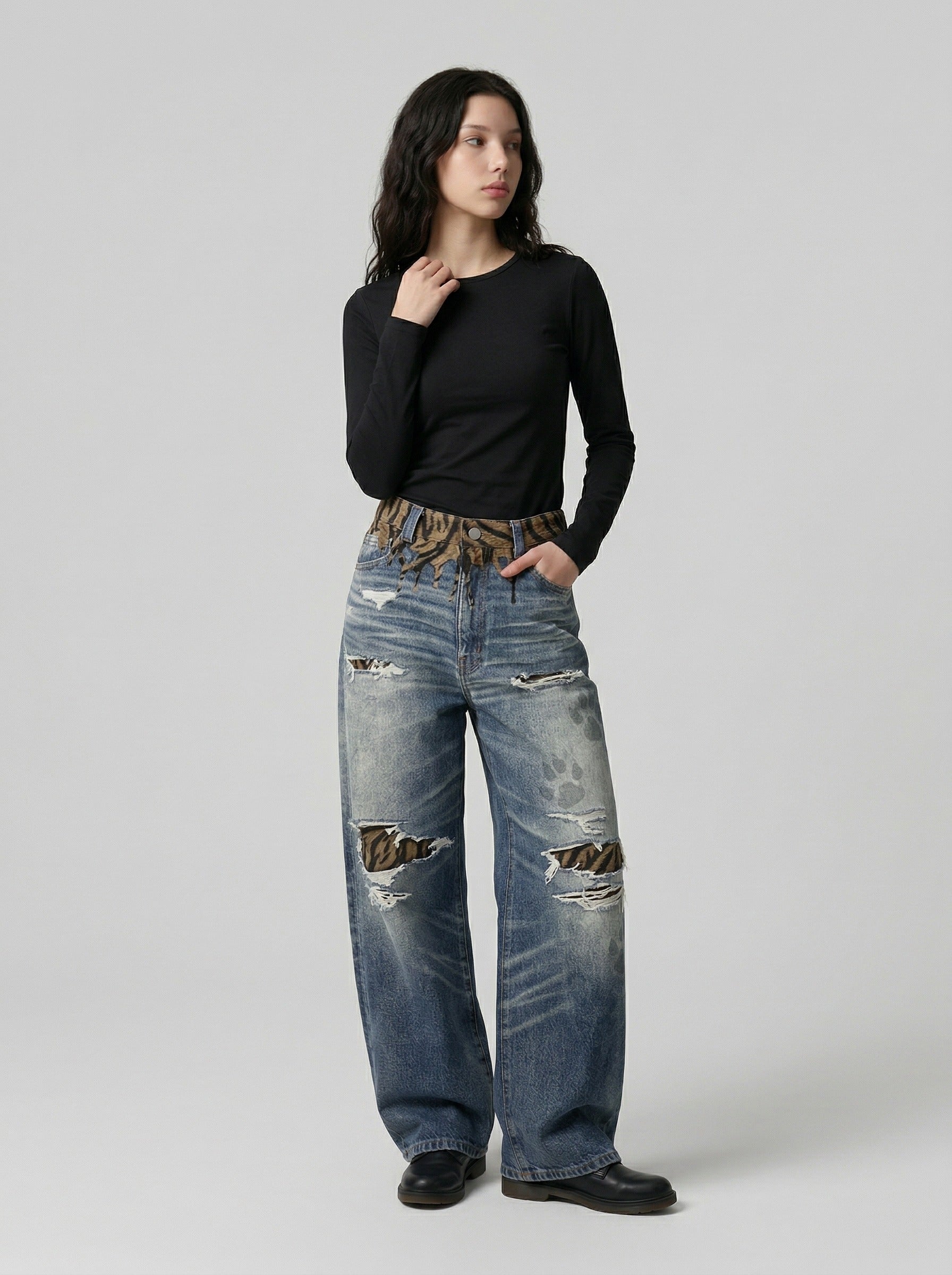 Tiger Stripe Distressed Wide-Leg Jeans