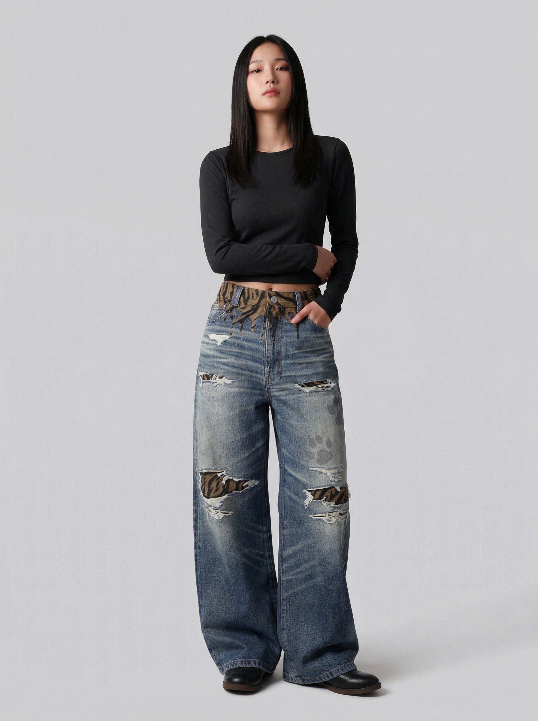 Tiger Stripe Distressed Wide-Leg Jeans