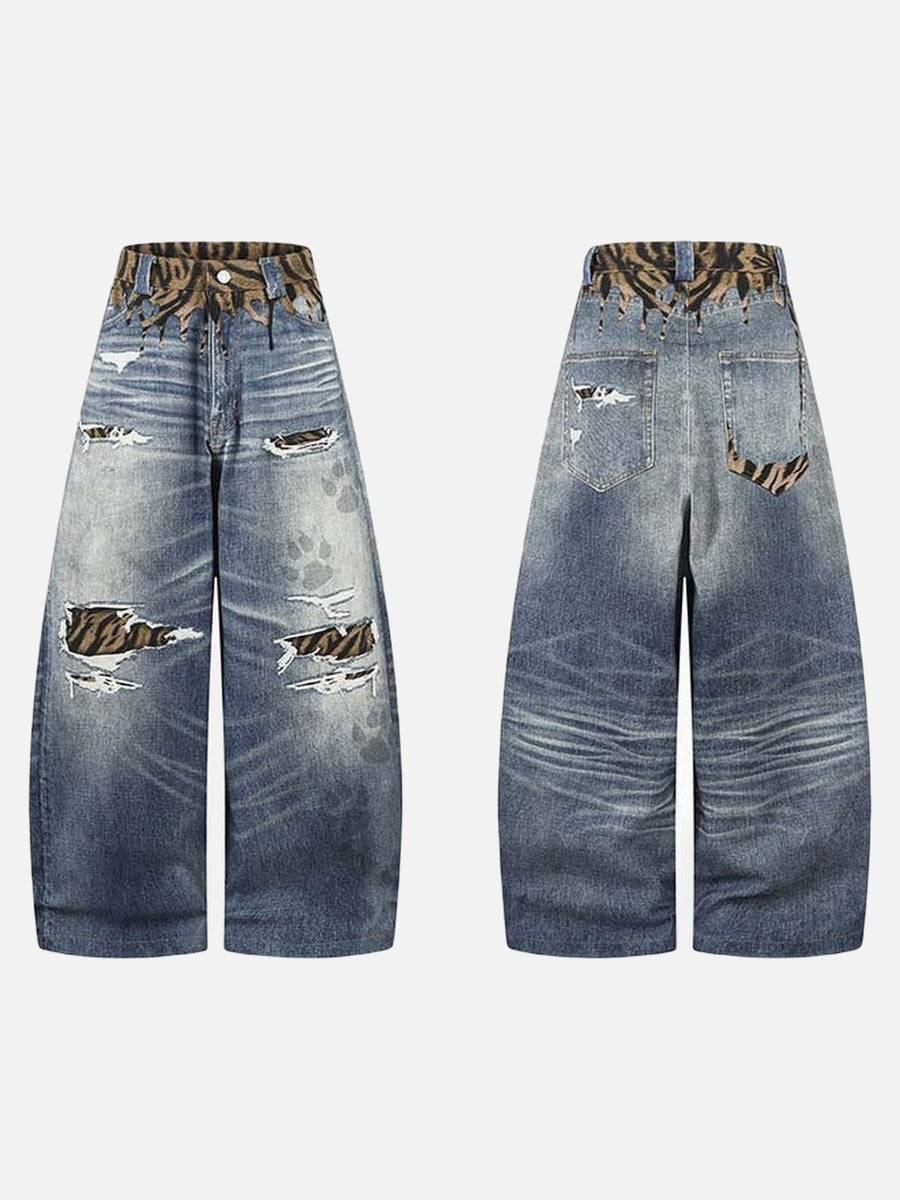 Tiger Stripe Distressed Wide-Leg Jeans