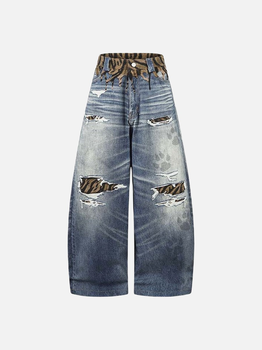 Tiger Stripe Distressed Wide-Leg Jeans