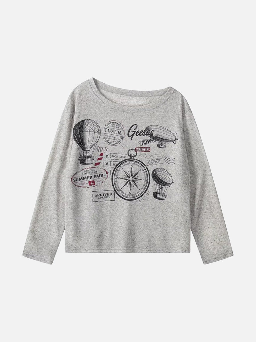 Camiseta de manga larga con diseño de brújula vintage