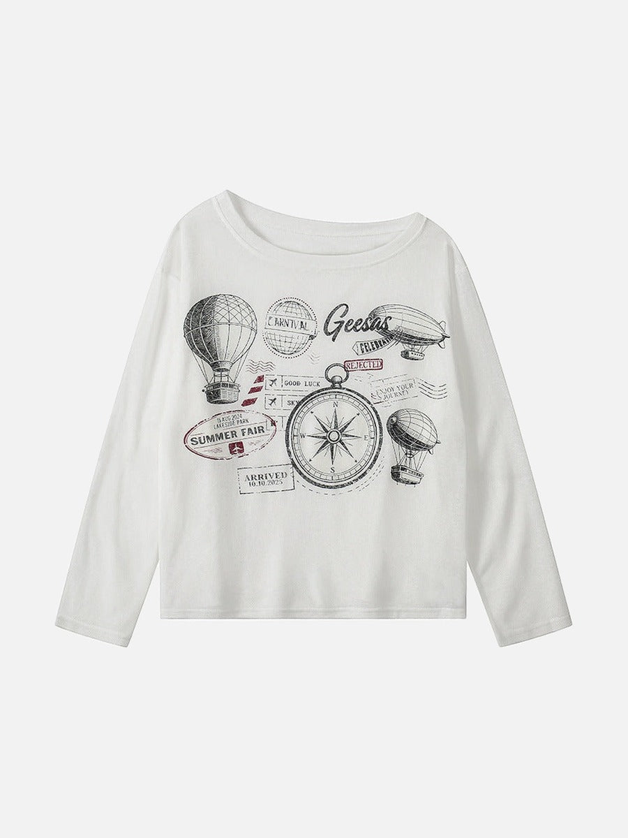 Camiseta de manga larga con diseño de brújula vintage
