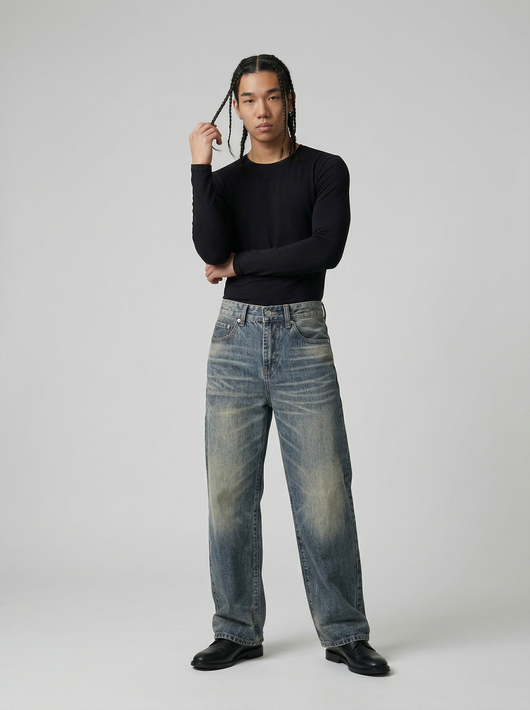 Jeans de lavado vintage de pierna ancha