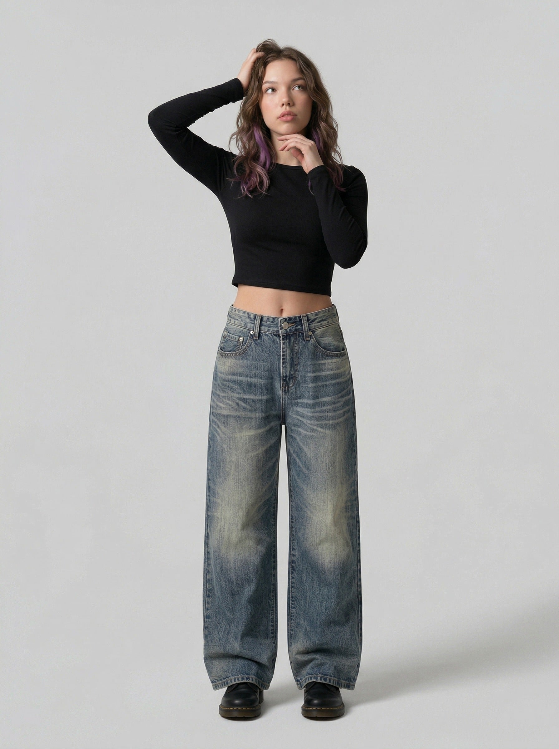 Jeans de lavado vintage de pierna ancha