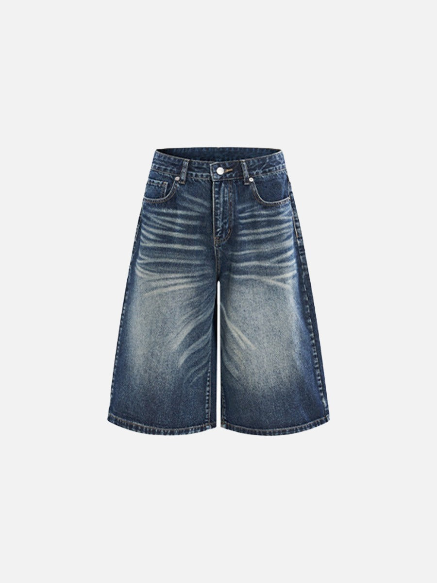 Wide-Leg Distressed Denim Shorts