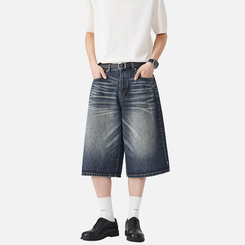 Wide-Leg Distressed Denim Shorts
