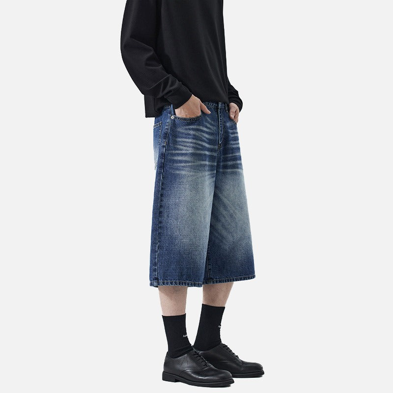 Wide-Leg Distressed Denim Shorts